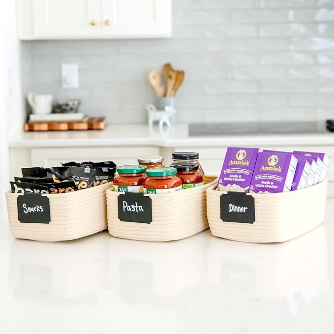 NaturalCozy 11.8"x8"x4.5” Storage Baskets for Shelves 3 Pack | Cotton Rope Woven Small Baskets for Organizing | Small Storage