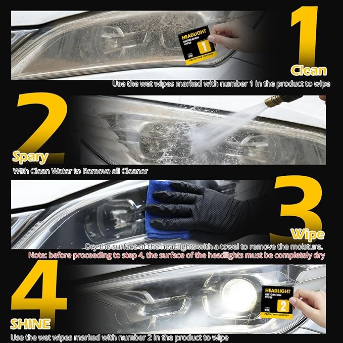 Headlight Restoration Kit,Headlight Restoration Wipes - 3-Step Cleaning System, Removes Yellowing & Oxidation, Restores Clari