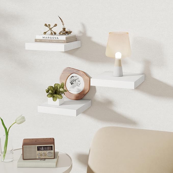 Fun Memories Square Floating Shelves for Wall, 9.3" W x 9.3" D x 1.4" H, Shelves for Wall with Invisible Brackets, Small Wood
