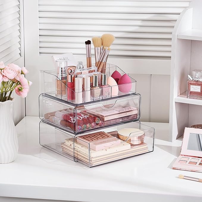 Vtopmart 3 Tier Clear Makeup Organizer with Drawer, Cosmetic Storage for Dresser Countertop and Bathroom Vanity, Beauty Holde