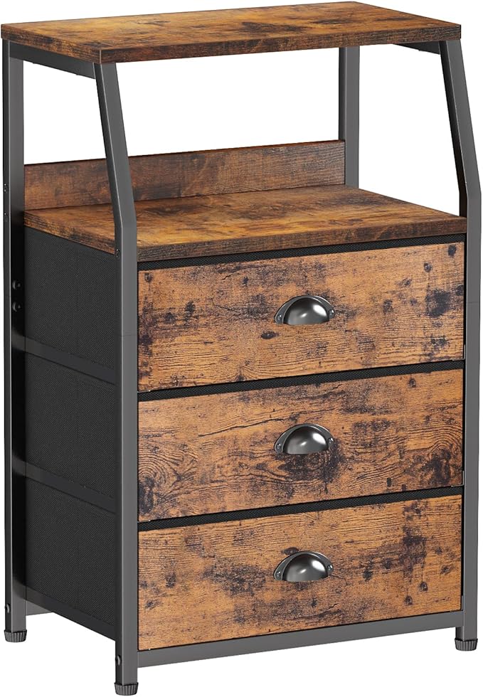 Furnulem Nightstand with 3 Drawers and 2-Tier Shelf, Fabric Small Dresser Organizer Vertical Storage Tower for Bedroom, Close