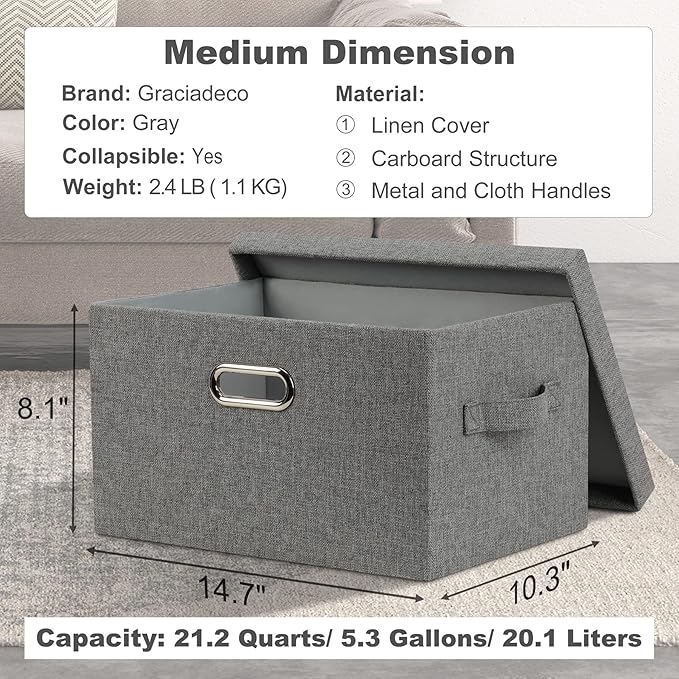 Graciadeco Medium 15" 21 Quart Collapsible Stackable Storage Bins with Lids, 5 Packs Grey Foldable Fabric Closet Boxes Heavy-