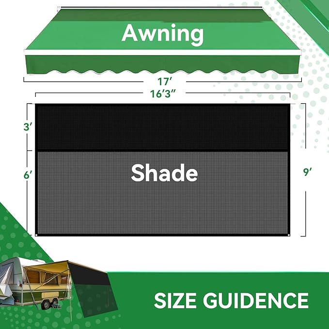 RV Awning Shade Screen with Zipper 9' x 16'3'', 600D Oxford Top + Mesh Bottom, RV Sun Shade Screen for Awning, RV Shade Complete Kits for Trailer Camper