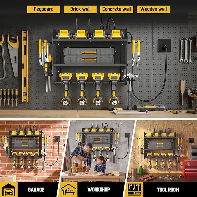 SPACECARE Power Tool Organizer with Charging Station 6 Outlets, 3-Layer Heavy Duty Wall Mount Drill Storage Rack, Cordless To