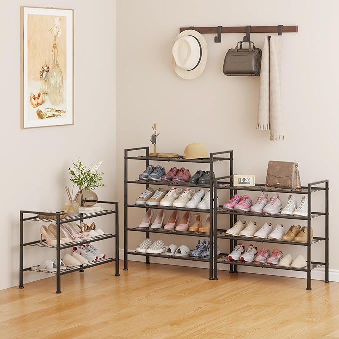 3-Tier Adjustable Shoe Rack, 26.5-Inch Wide Metal Storage Organizer for Closet Entryway, Heavy-Duty Stand for Shoes, Books, o