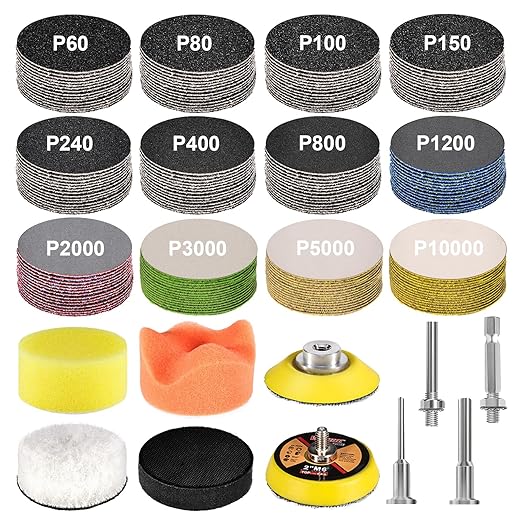 189 Pieces 2 Inch Sanding Discs, GOH DODD Hook and Loop Sanding Pads 60 to 10000 Grit Wet Dry Sandpaper with 1/8" 1/4” Shank,