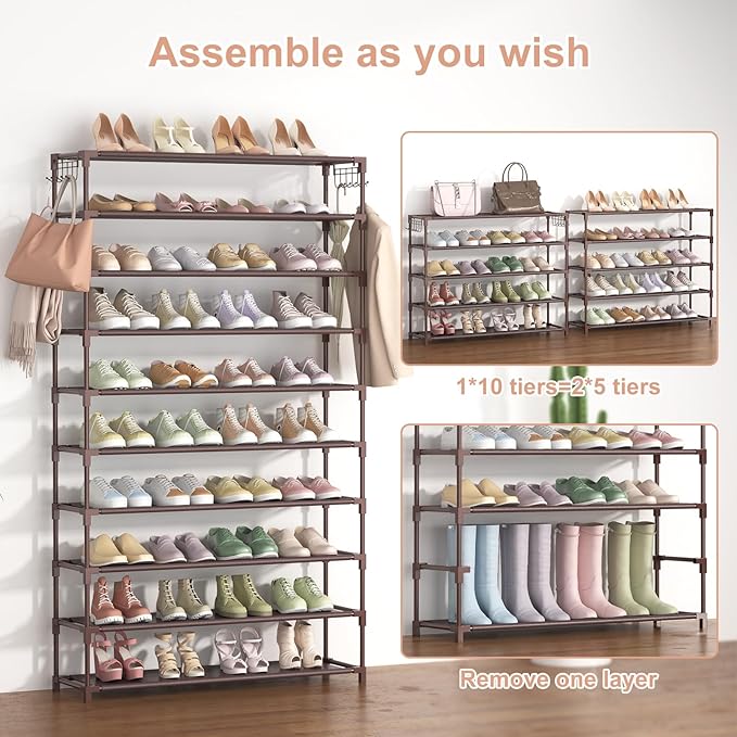 LANTEFUL 10 Tiers Shoe Rack 50 Pairs Large Capacity Tall Shoe Organizer Sturdy Shoe Storage with Two Hooks Space Saving Metal