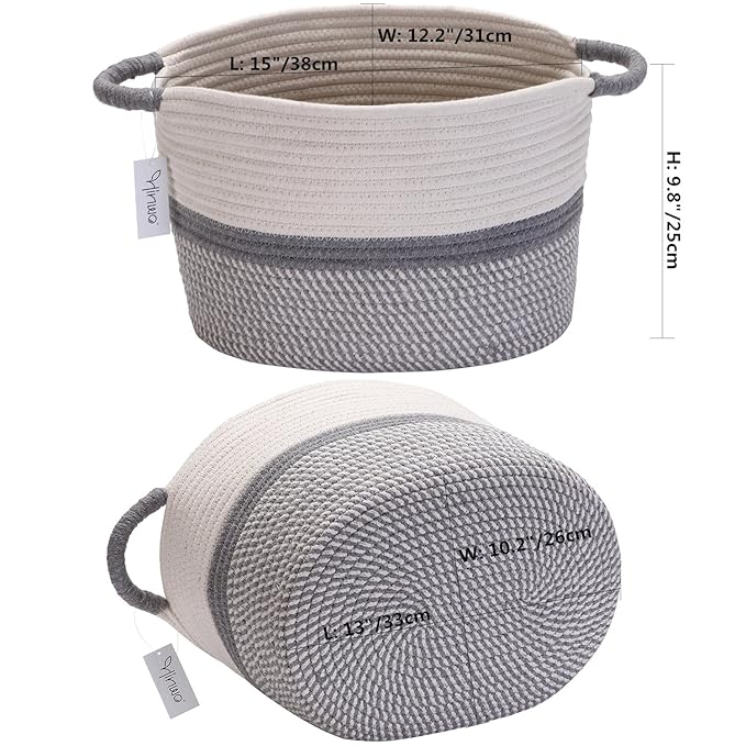 Hinwo Oval Cotton Rope Storage Basket Collapsible Nursery Storage Box Container Organizer with Handles, 13 x 10 inches, Off W