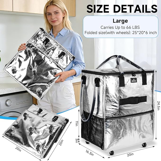 Large Reusable Grocery Bag On Wheels, 130L Foldable Tote, 5 Swivel Wheel Shopping Trolley with Multiple Pockets, Zippered Top, Folds Flat for Storage, for Shopping, Laundry, Camping, Moving, Silver