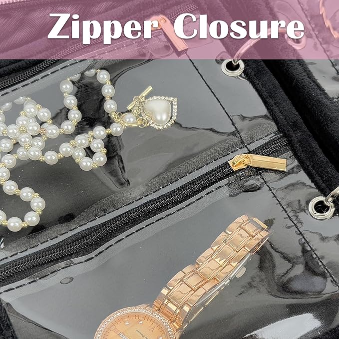 Travel Jewelry Organizer Case,Jewelry Bags for Traveling, Jewelry Binder with 24 Pcs Clear Zipper Velvet Pouches (Inner Pages
