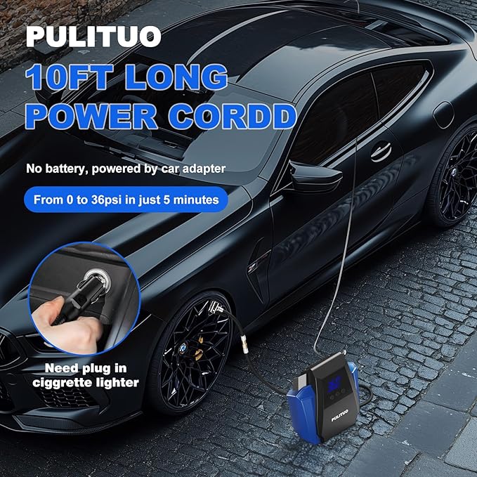 PULITUO Tire Inflator Portable Air Compressor - Car Accessories 12V DC Air Pump for Car Tires with Digital Pressure Gauge, Emergency LED Light for Wheel, Bike, Ball, Motor