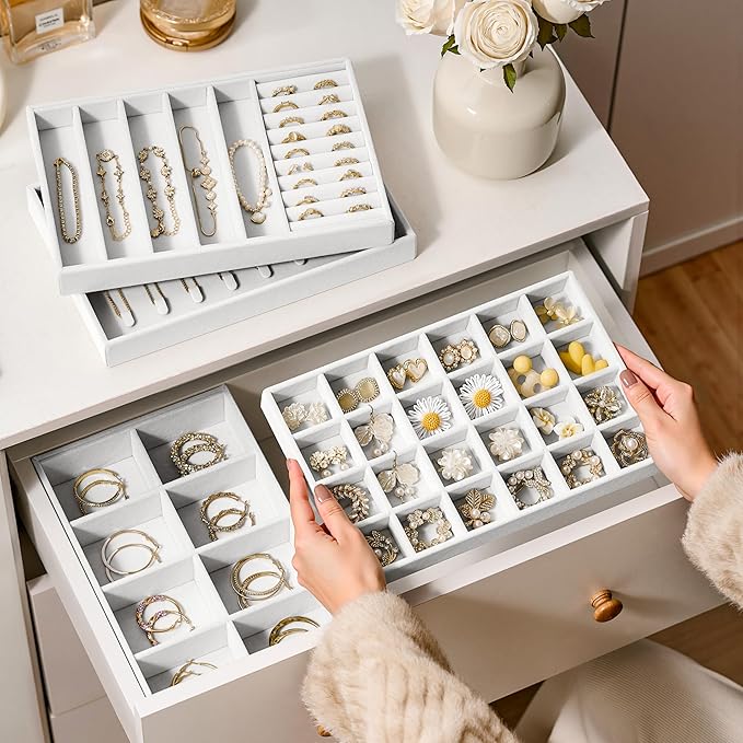Velvet Jewelry Drawer Organizer Trays – Large White Stackable Jewelry Storage Inserts Set, 4-Layer Jewelry Tray Set for Earri