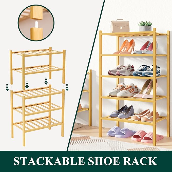 Smiry Bamboo Shoe Rack for Closet, 3 Tier Small Wooden Stackable Shoe Organizer, Free Standing Shoes Storage Shelf for Entryw