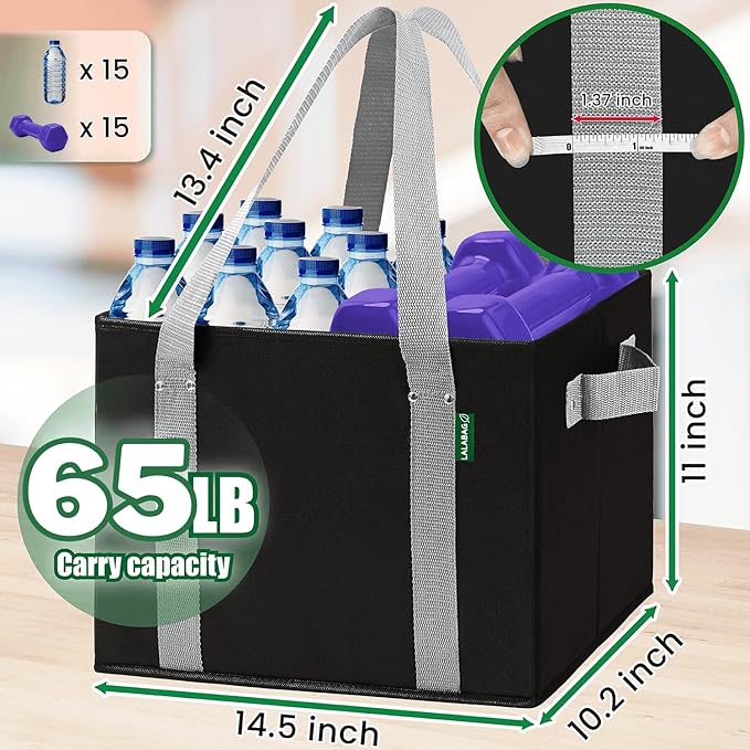Reusable Grocery Bags (3 Pack ) - Heavy Duty Eco Tote Bags with Box Shape to Stand Up, Hold Up to 65 Lbs - Stay Open & Fold Flat - Foldable Reusable Shopping Bags with Long Handles & Hard Bottom