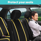 FH Group Unique Flat Cloth Full Set Car Seat Covers w. Silicone Steering Wheel Cover- Universal Fit for Most Cars, Trucks, SUVs or Vans (Yellow/Black)