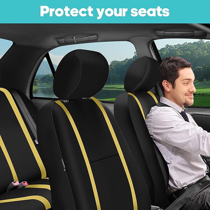 FH Group Unique Flat Cloth Full Set Car Seat Covers w. Silicone Steering Wheel Cover- Universal Fit for Most Cars, Trucks, SUVs or Vans (Yellow/Black)