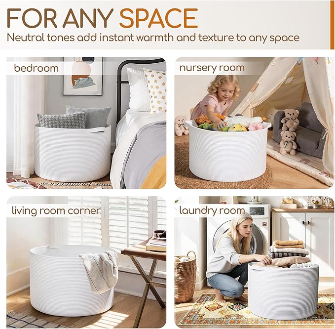 MEGASKET White Cotton Rope Storage Basket, 22" X 22" X 14" Extra Large Blanket Storage Living Room, XL Soft Toy Bin for Organ