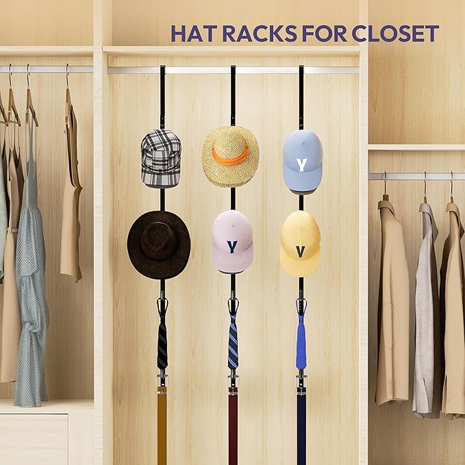 SWTYMIKI Over Door Hat Rack - 3 Packs Metal Hanging Hat Organizer with 12 Hooks Design, Baseball Cap Hanger Organizer Storage