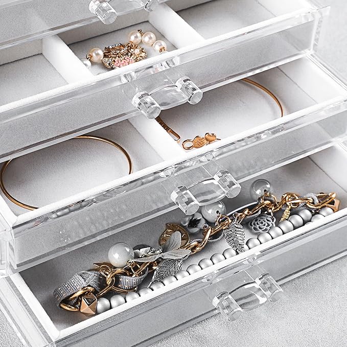 Frebeauty Extra Large Acrylic Jewelry Box for Women 5 Layers Clear Jewelry Organizer Velvet Earring Box with 5 Drawers Rings 
