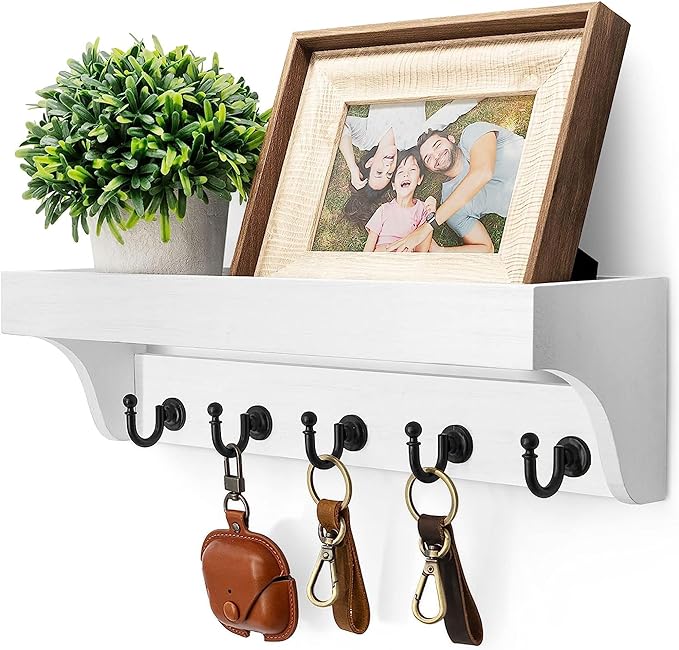 Rebee Vision Key and Mail Holder for Wall with Floating Shelf : Decorative Hanging Organizer with 5 Sturdy Keys Hooks and Wal
