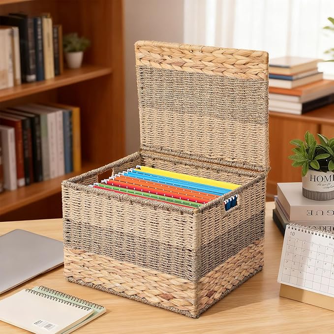 Decorative File Box 14 x 12 x 11 in Wicker Seagrass File Basket Organizer for Letter Size Hand Woven Hanging Filing Cabinet w