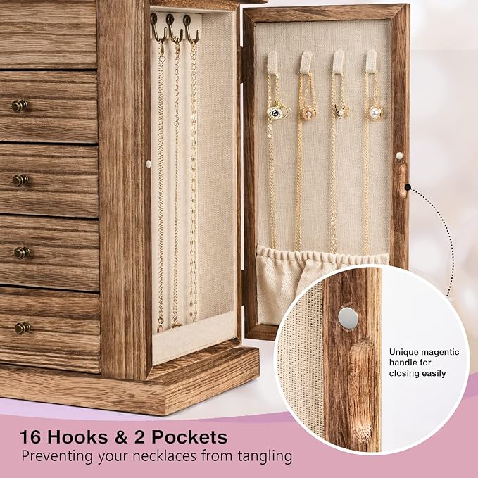 Emfogo Jewelry Box for Women, 5 Layer Large Wood Boxes & Organizers for Necklaces Earrings Rings Bracelets, Rustic Organizer 