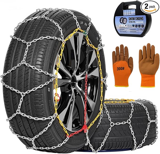 2PCS Snow Chains for SUV/Truck/Car in Snow, Sand, Mud and Ice, Universal Adjustable Emergency Portable Snow Tire Chains(KN90)