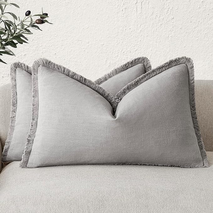 Foindtower Set of 2 Decorative Linen Fringe Throw Pillow Covers Cozy Farmhouse Cushion Cover with Tassels Accent Pillowcase f