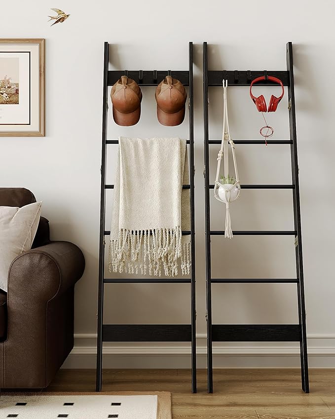 Hzuaneri Blanket Ladder for Living Room, Decorative Quilt Rack with 4 Removable Hooks, 6-Tier Farmhouse Ladder Holder Shelf O