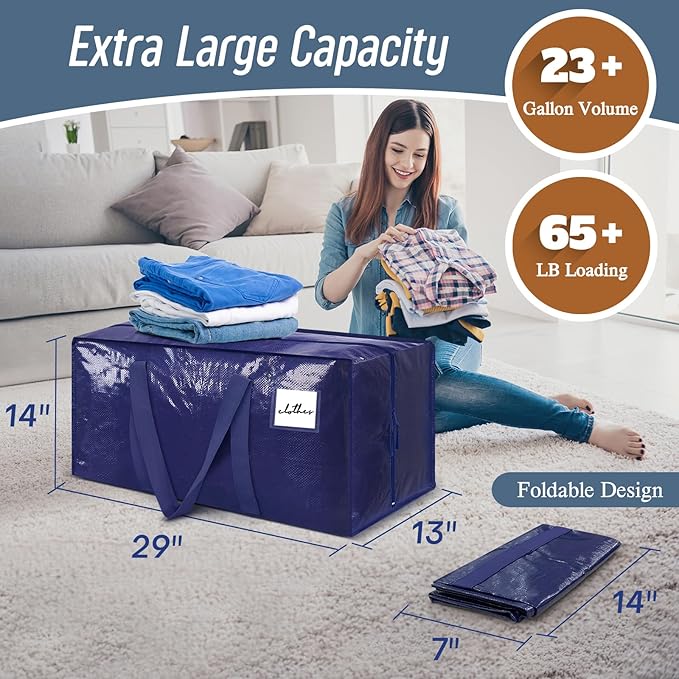 6 Pack Extra Heavy Duty Large Moving Bags with Strong Zipper & Comfortable Handles, Sturdy & Durable Clothes Storage Bags Tot