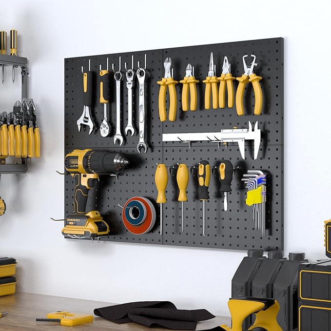 Spampur Peg Board, 4 Pack Metal Pegboard Panels with 50 Hooks, Black Pegboards Wall Organizer, Heavy Duty Peg Board for Walls