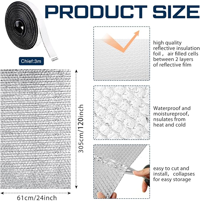 Frienda Rv Window Reflective Insulation Roll 24inch*10ft Double Aluminum Foil Heat Bubble Thermal Window Shade Door Cover Blackout for Garage Roof Travel Camper Skylight Shield