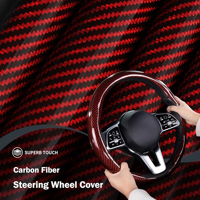 Car Steering Wheel Cover Carbon Fiber Snap On Steering Wheel Accessories Wrap 14.5-15 inch Universal Grip Anti-Skid Protector, Glossy Red
