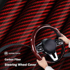 Car Steering Wheel Cover Carbon Fiber Snap On Steering Wheel Accessories Wrap 14.5-15 inch Universal Grip Anti-Skid Protector, Glossy Red
