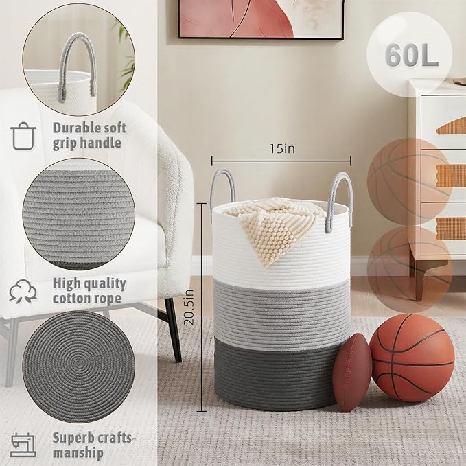 Artfeel Laundry Basket,Woven Cotton Rope Laundry Hamper,60L for Decorative Storage of Dirty Clothes,Toys and Blankets in Bath