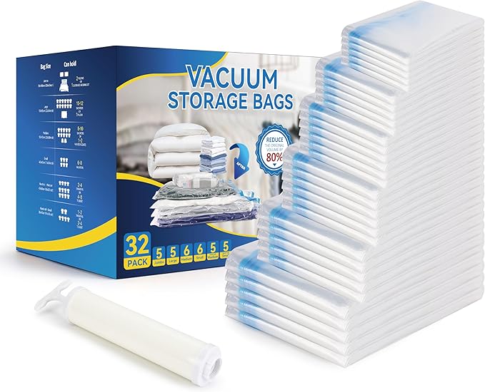 Simple Deluxe 32 Pack Vacuum Storage Bags (5 Jumbo/5 Large/6 Medium/6 Small/5 Roll M/5 Roll S) Space Saver Bags, Vacuum Seal 