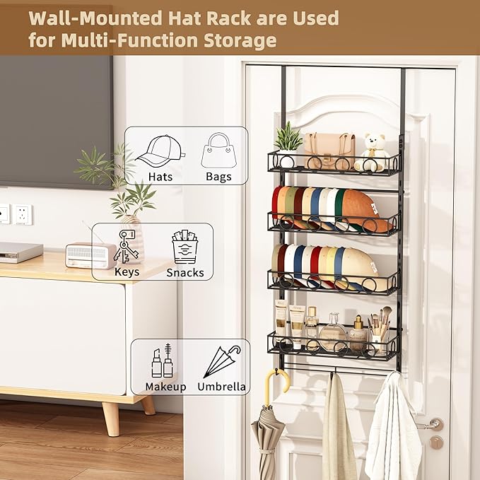 Over Door Hat Organizer 5 Tier Wall Mounted Hat Rack with 4 Adjustable Metal Basket and 3 Hooks Hat Organizer for Baseball ca