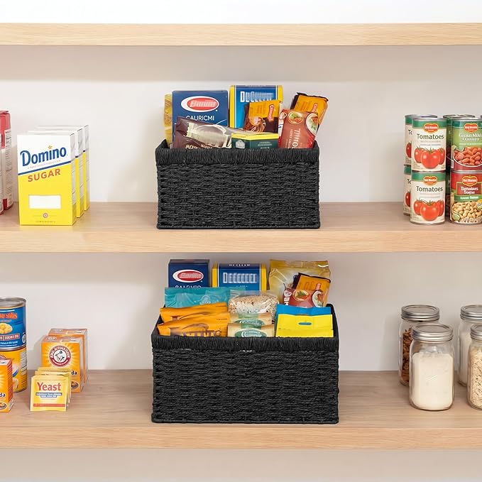 StorageWorks Wicker Storage Baskets for Organizing, Wicker Basket with Handles, Decorative Storage Baskets for Shelves, Black