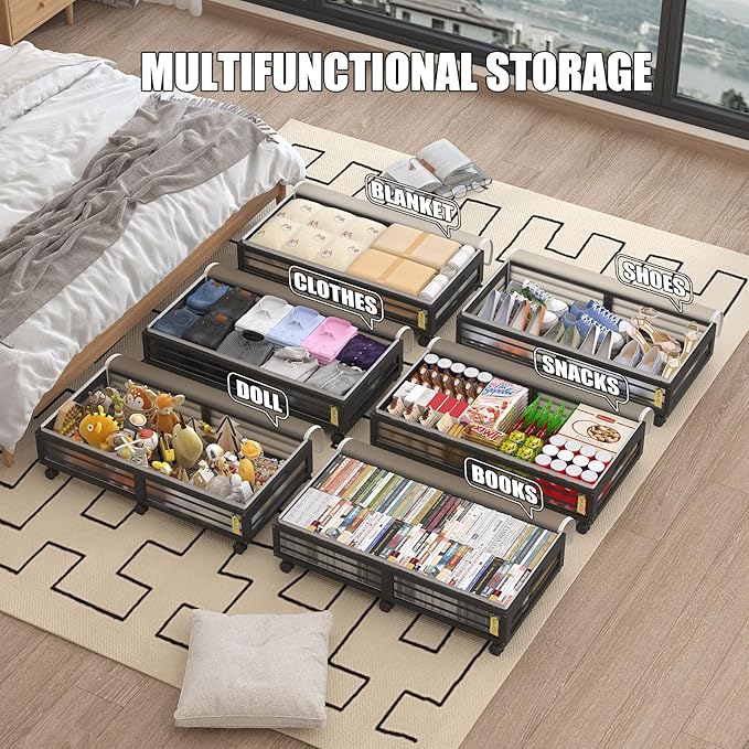 Bamboo Underbed Storage Containers with Wheels & Bag 2 Pack, Large Under Bed Rolling Storage Bins Wood Under Bed Clothes Stor