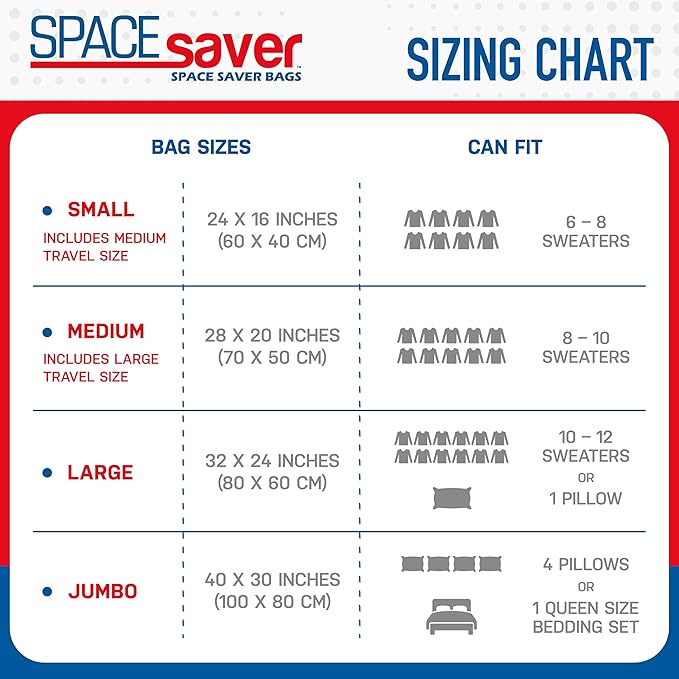Spacesaver Vacuum Storage Bags with Hand Pump - Vacuum Seal Bags for Clothing, Comforters, Blankets - Reusable Compression Ba