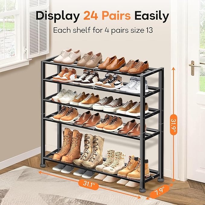 KEETDY 5-Tier Heavy Duty Shoe Rack for Garage Entryway, Stackable Shoe Organizer for 25 Pairs Men Boots, Shoe Rack for Closet
