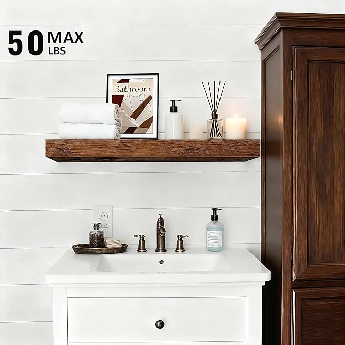 Set of 3 Rustic Brown Solid Wood Floating Shelves 15.7 inch - Wall Mounted Storage Shelves for Bathroom Over Toilet, Bedroom,