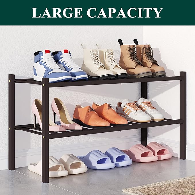 Smiry Bamboo Shoe Rack for Closet, 2 Tier Wooden Stackable Shoe Organizer, Free Standing Shoes Storage Shelf for Entryway, Fr