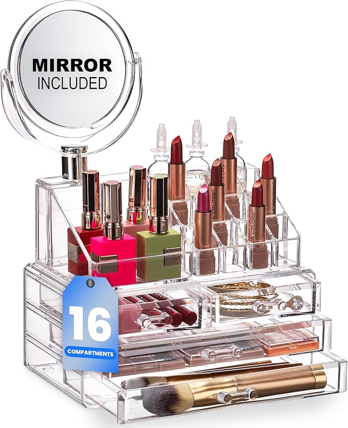 Masirs Clear Makeup Organizer with Mirror – 16-Compartment Cosmetic and Jewelry Holder, 4-Drawer Vanity Storage, Elegant Clea