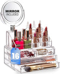 Masirs Clear Makeup Organizer with Mirror – 16-Compartment Cosmetic and Jewelry Holder, 4-Drawer Vanity Storage, Elegant Clea