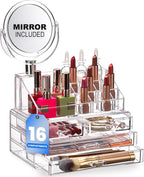 Masirs Clear Makeup Organizer with Mirror – 16-Compartment Cosmetic and Jewelry Holder, 4-Drawer Vanity Storage, Elegant Clea