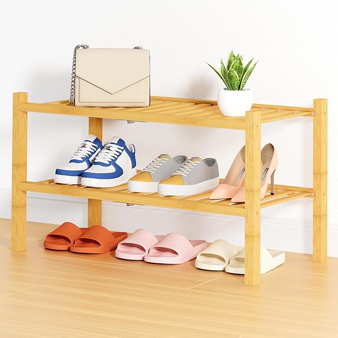 Smiry Shoe Rack, 2 Tier Thick Bamboo Shoe Organizer, Stackable Free Standing Wooden Shoe Storage Shelf for Closet, Entryway, 