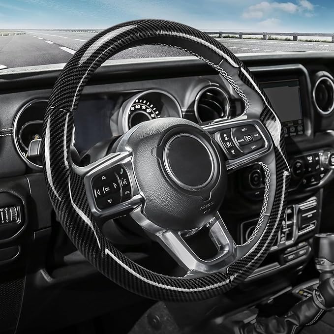 3-Piece Carbon Fiber Steering Wheel Cover, Custom Fit for Jeep Wrangler 2018-2026 Gladiator 2020-2026,Quick Install Ultra-Thin & Non-Slip,Interior Car Accessories for Men Women(Gloss Black)