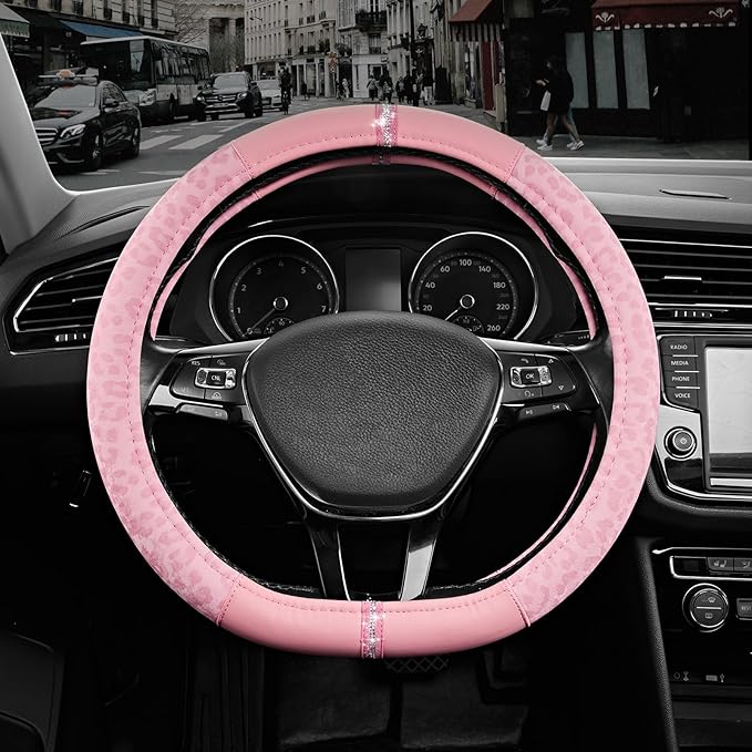 Road Comforts Leopard Steering Wheel Cover for Women, Cute Anti-Slip Microfiber Leather, Fits D Shape Flat Bottom Steering Wh