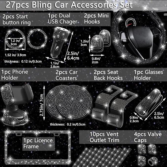 NBTEPEM 27 PCs Black Bling Car Accessories Set for Women, Steering Wheel Covers Universal Fit 15 Inch, Bling License Plate Frame, Bling Phone Holder, Bling Car Coasters (Black Diamond)